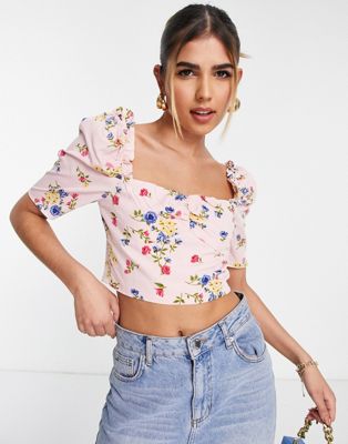 Collective the Label puff sleeve crop top co-ord in pink floral