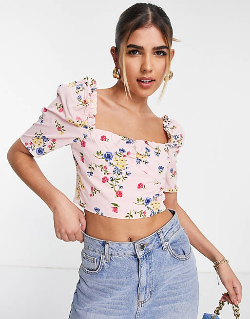 asos.com | Collective the Label puff sleeve crop top in pink floral - part of a set