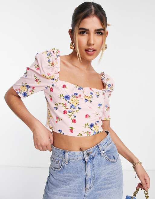 Floral Puff Sleeve Square Neck Crop Top