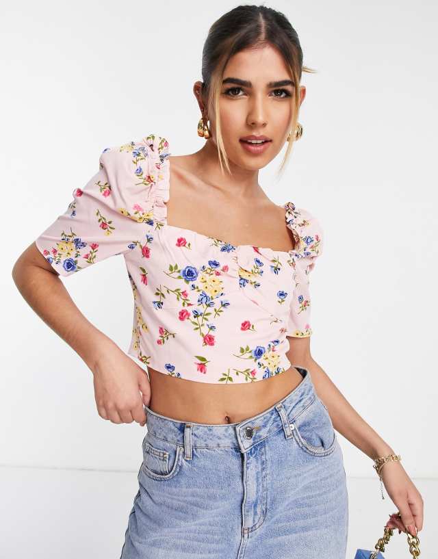 Collective the Label puff sleeve crop top in pink floral - part of a set