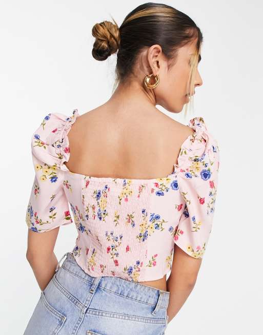 Collective the Label puff sleeve crop top in pink floral - part of a set