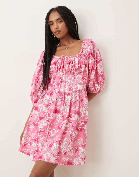 Collective The Label Puff sleeve mini dress in pink roses - view 1