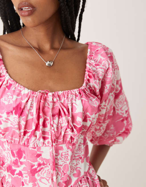 Collective The Label Puff sleeve mini dress in pink roses, 3 of 4