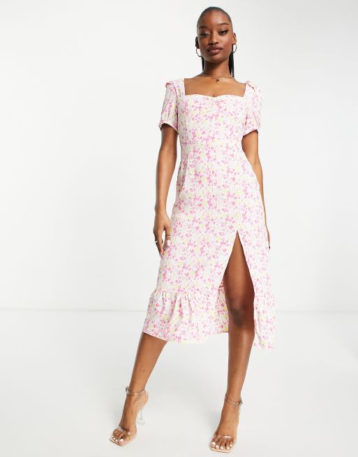 Floral Puff Sleeve Slit Front Midi Dress