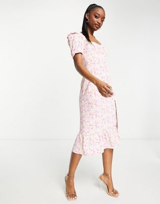 Collective the Label puff sleeve split midi dress in ditsy floral