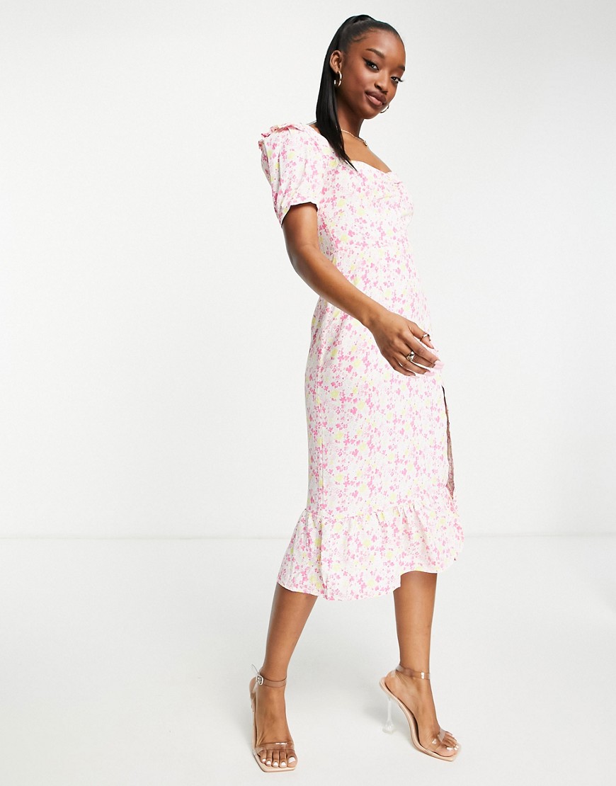 collective the label puff sleeve split midi dress in ditsy floral-multi