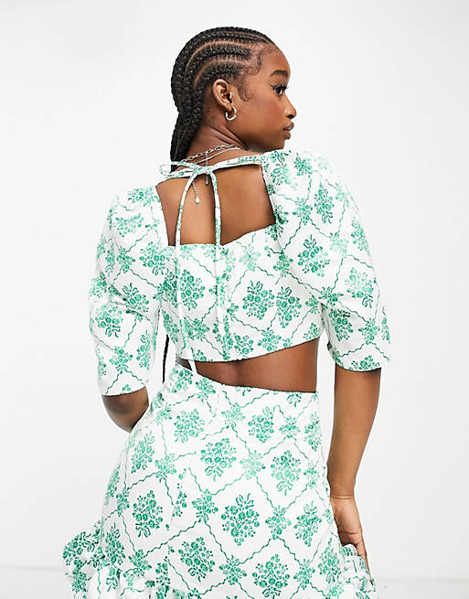 Co-ords Collective the Label puff sleeve square neck top co-ord in green jewel print 