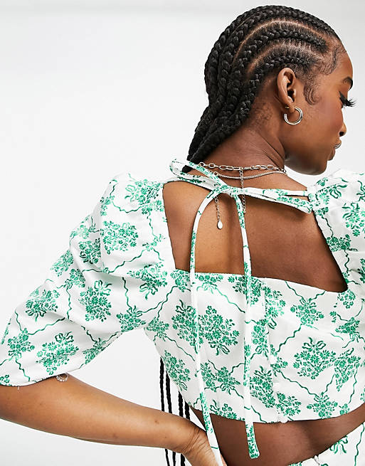 Co-ords Collective the Label puff sleeve square neck top co-ord in green jewel print 