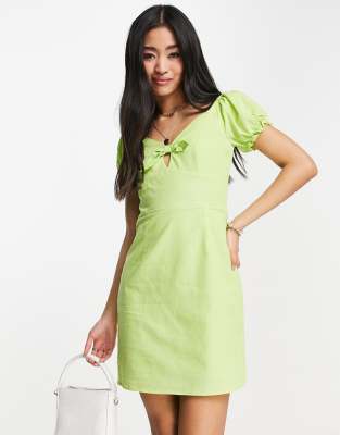 Collective the Label puff sleeve tie front mini Faces in lime green