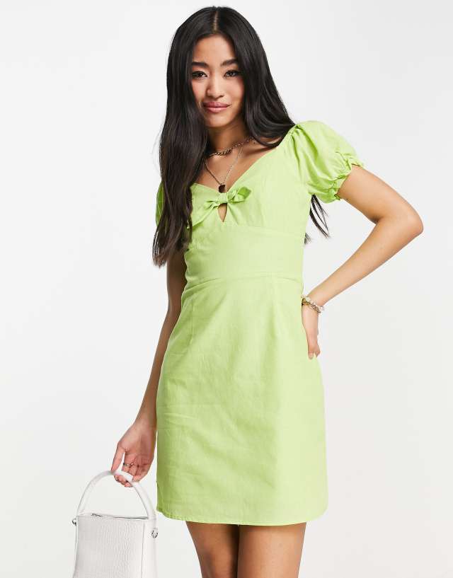 Collective the Label puff sleeve tie front mini dress in lime green