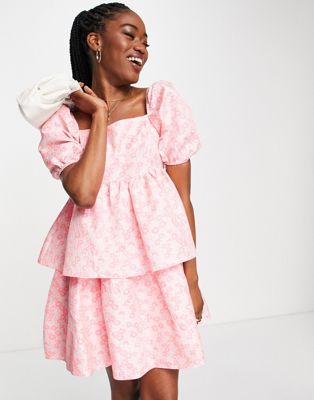 Collective the Label puff sleeve tiered smock dress in textured pink floral