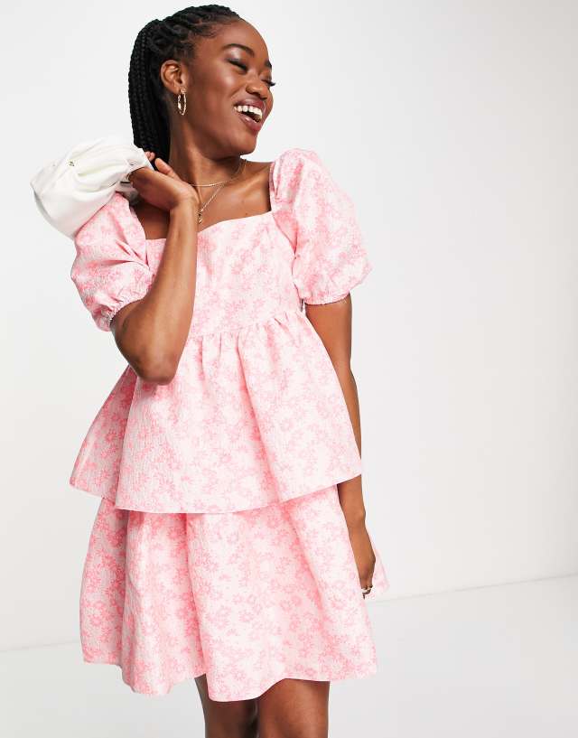 Collective The Label puff sleeve tiered smock dress in textured pink floral