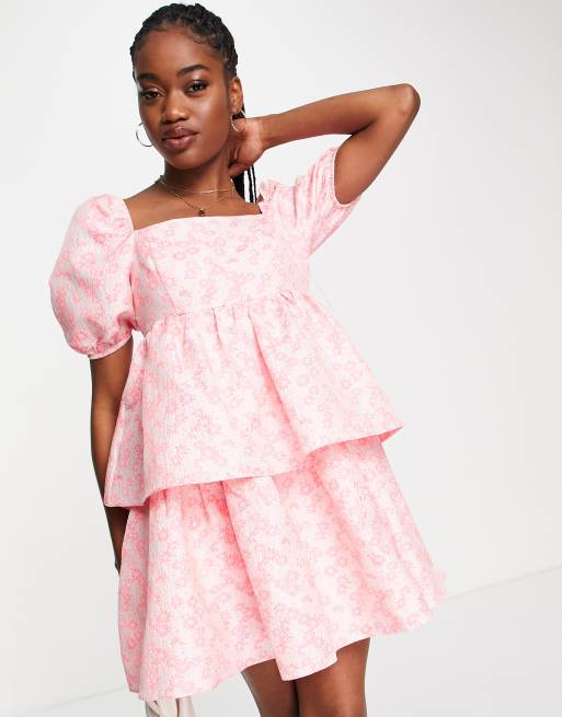 Collective the Label puff sleeve tiered smock dress in textured