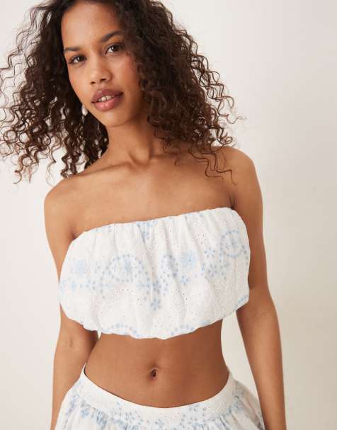Collective The Label Puffball crop top in white blue broderie