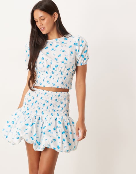 Collective The Label Puffball crop top in white teal blue ditsy - view 1