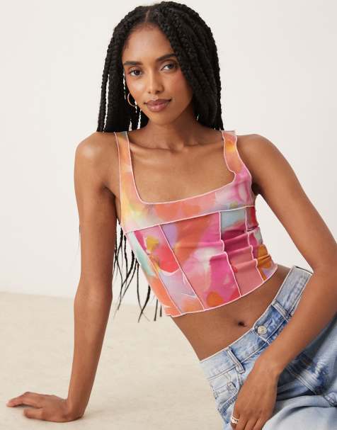 Collective The Label Raw seam crop top in multi watercolour flower - view 1
