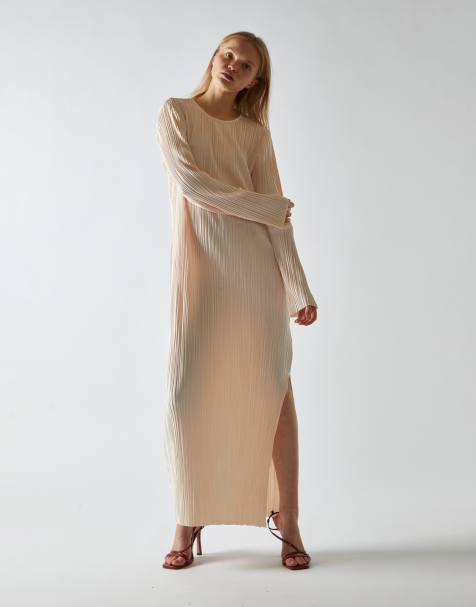 Collective The Label Round neck long sleeves midi dress in light apricot plisse
