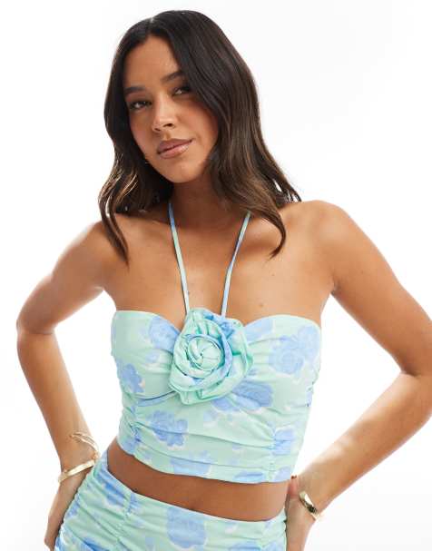 Collective The Label Ruched corsage crop top in mint blue floral - view 1
