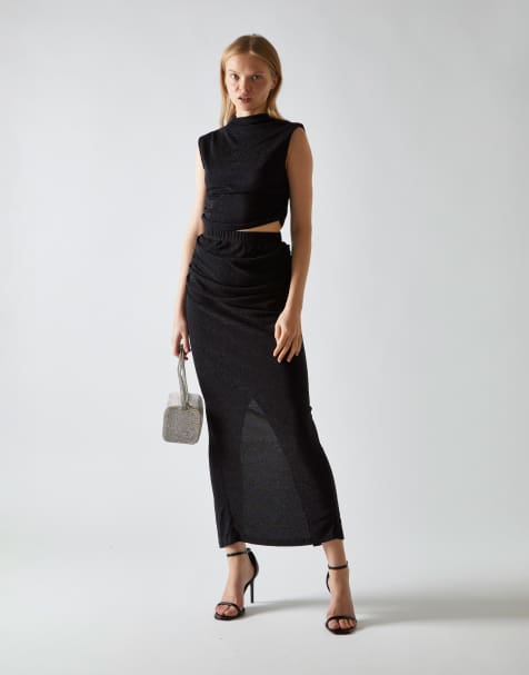 Collective The Label Ruched maxi skirt in black glitter - view 1