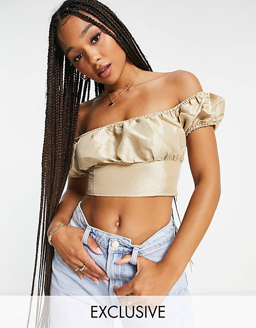 Collective the Label ruched off shoulder metallic co-ord top in gold