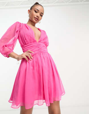 Collective The Label Ruched Waist Balloon Sleeve Mini Dress In Vibrant Pink