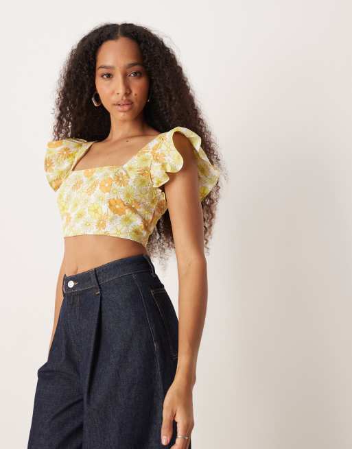 Collective The Label Ruffle sleeve crop top in white retro floral