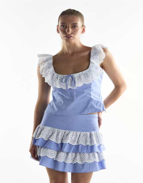 Collective The Label Ruffle trim top in cornflower check - view 1