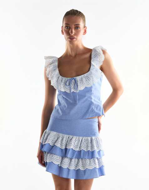 Collective The Label Ruffle trim top in cornflower check