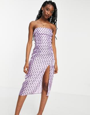 Collective the Label satin slip midi dress in lilac heart print-Purple