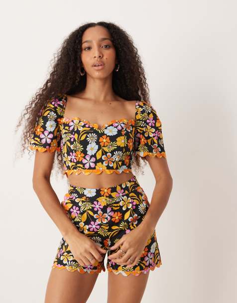 Collective The Label Scalloped edge crop top in bright floral mix