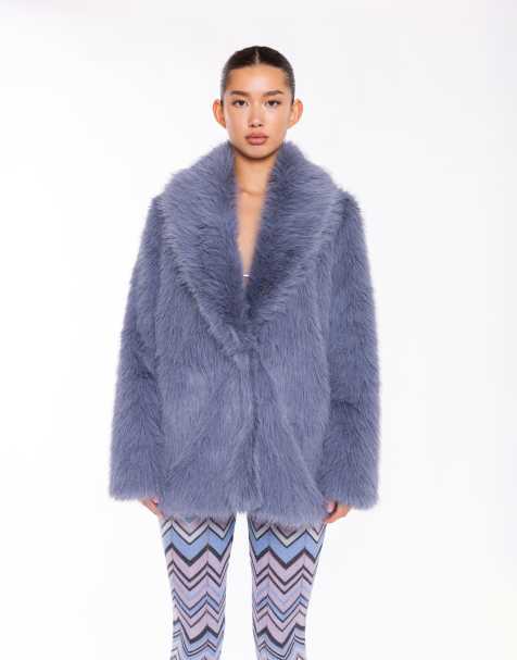 Collective The Label Shawl collar faux fur coat in steel blue - view 1