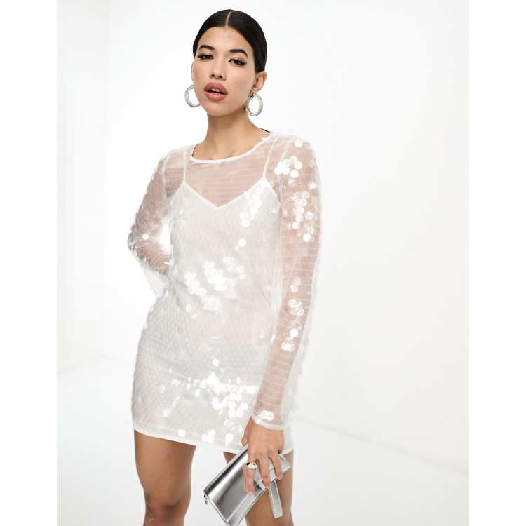 white sequin disc dress Collective the Label sheer disc sequin mini dress in white