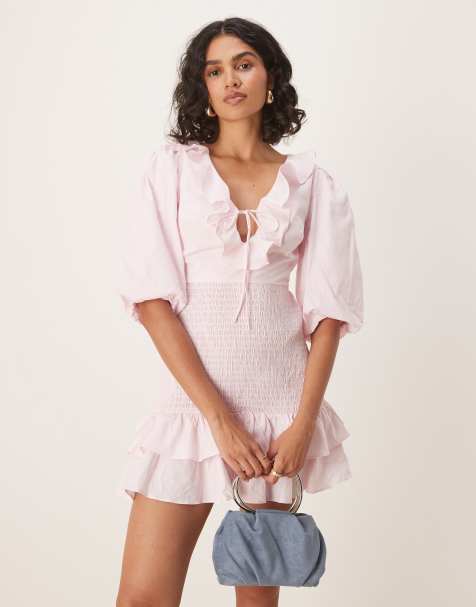 Collective The Label Shirred frilly mini dress in light pink