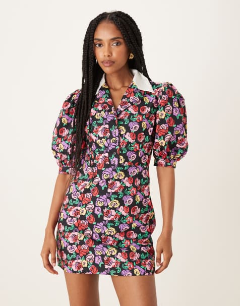 Collective The Label Shirt mini dresses in multi graphic rose white - view 1