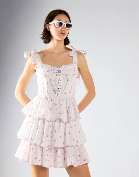 Collective The Label Shoulder tie layered mini dress in white pink floral - view 1