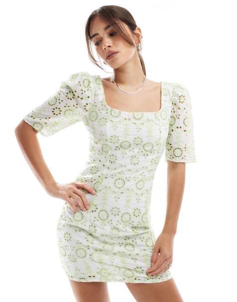 Collective The Label Square neck mini dress in white green broderie - view 1