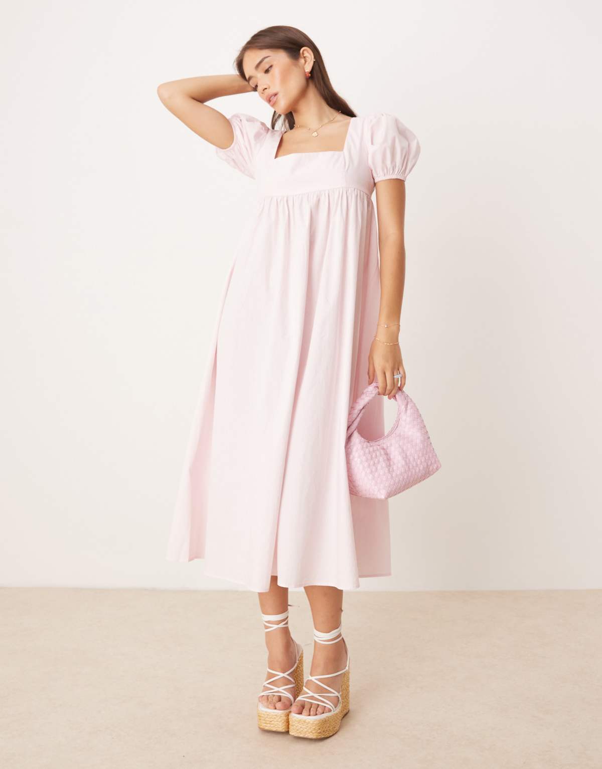 Collective The Label Square neck puff sleeve midaxi dress in light pink