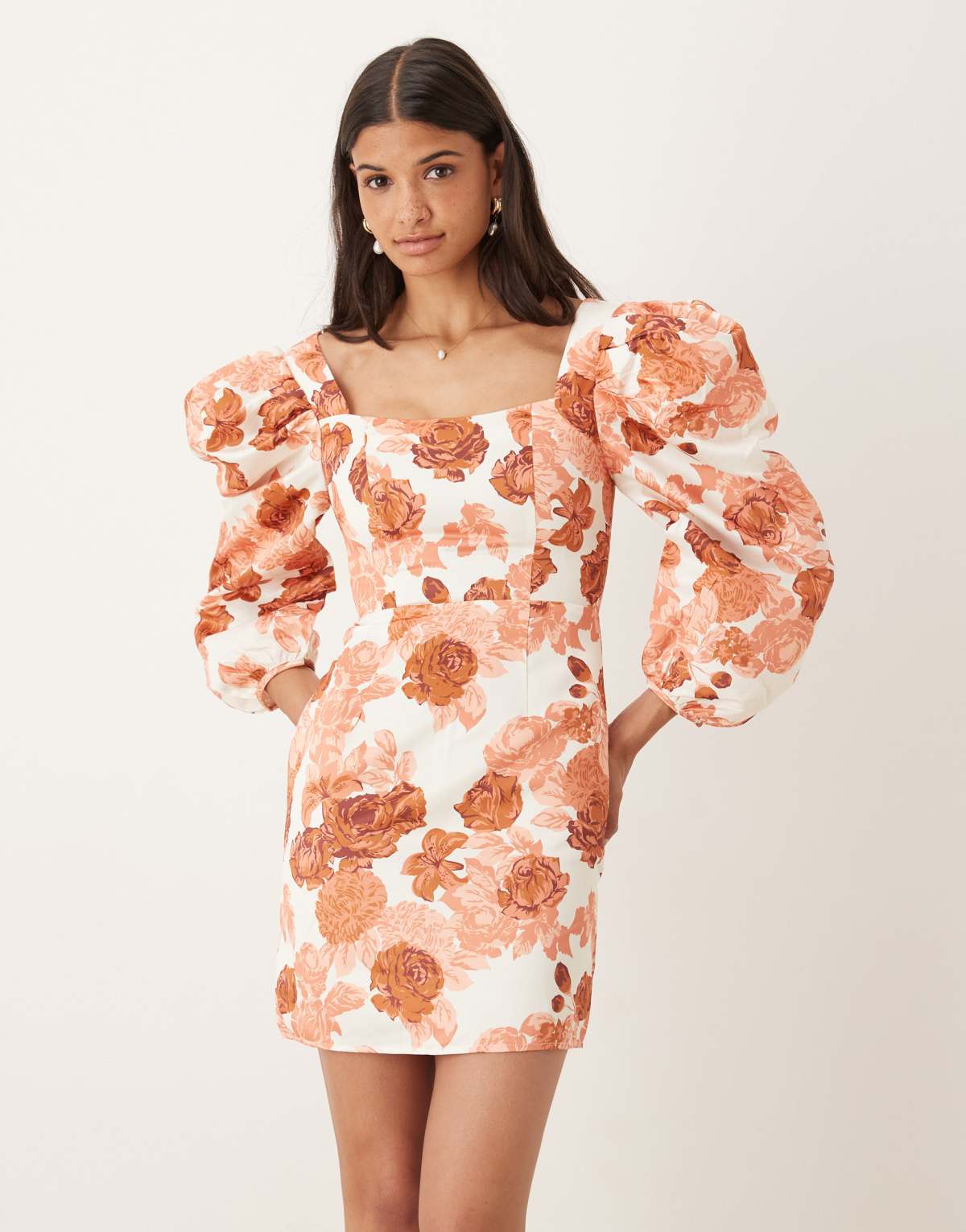 Collective The Label Square neck puff sleeve mini dress in cream apricot rose