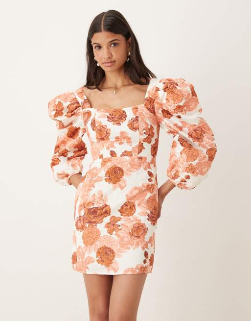 Collective The Label Square neck puff sleeve mini dress in cream apricot rose