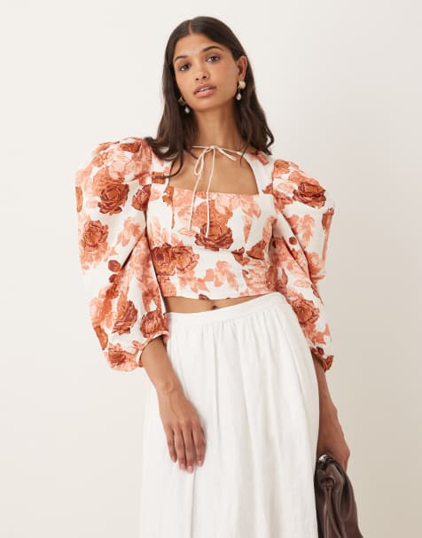 Collective The Label Statement sleeve crop top in cream apricot rose
