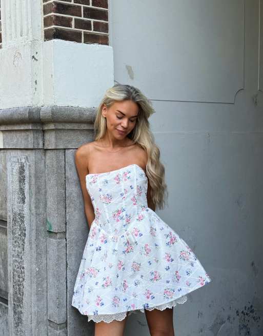 Collective The Label Strapless corset mini dress in white trellis floral