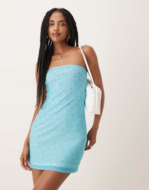 Collective The Label Strapless mini dress in blue flower mesh