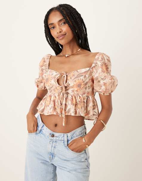 Collective The Label Sweetheart neckline peplum top in multi sunflower