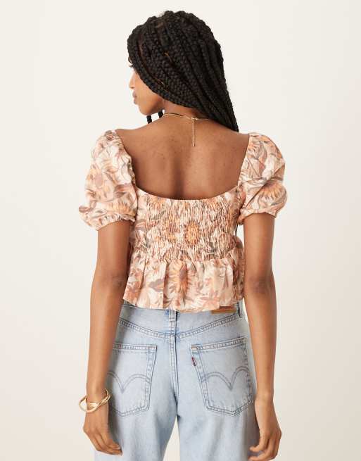 Collective The Label Sweetheart neckline peplum top in multi sunflower, 4 of 4