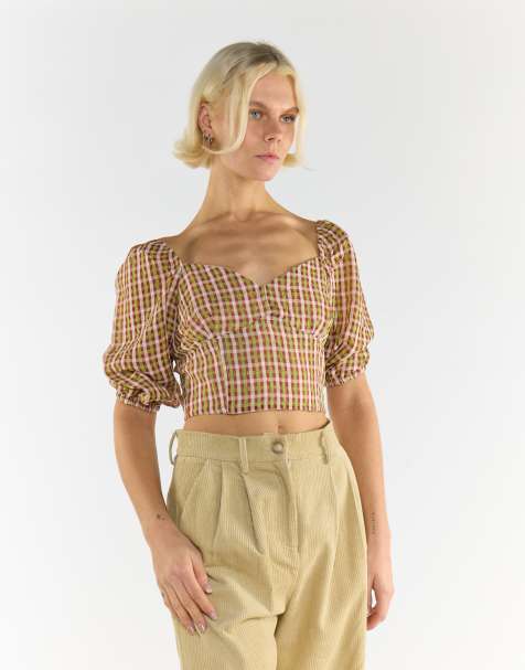 Collective The Label Sweetheart neckline short sleeve crop top in red green multi check