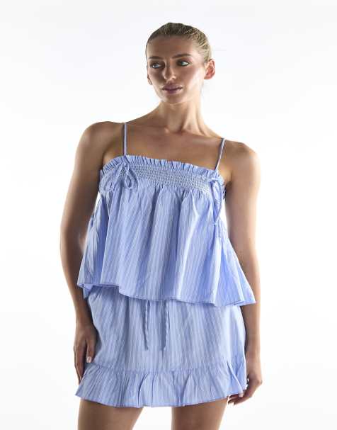 Collective The Label Swing top with ties in blue white ticking - view 1