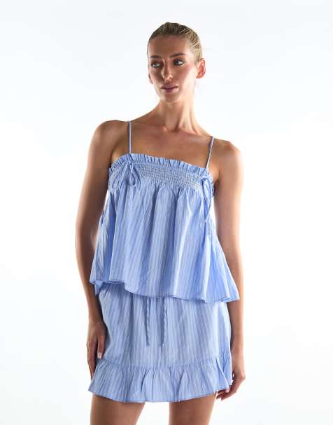 Collective The Label Swing top with ties in blue white ticking