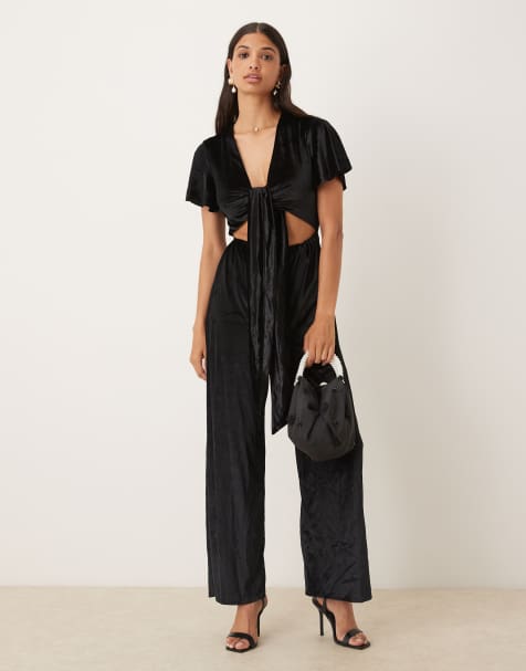 Collective The Label Tie front jumpsuit in black velvet - view 1