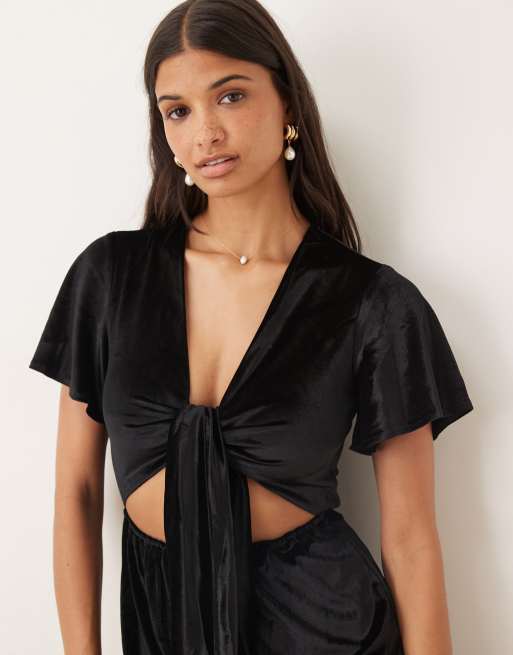 Collective The Label Tie front jumpsuit in black velvet ASOS