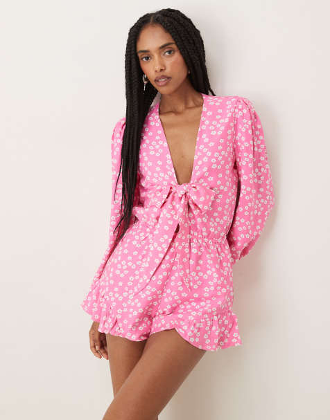 Collective The Label Tie front playsuit in candy pink flower - view 1